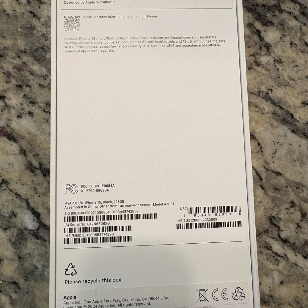 Apple iPhone 16 Sleek gray black box new, does not include cell phone